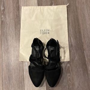 Eileen Fisher Black nubuck platform strappy wedge